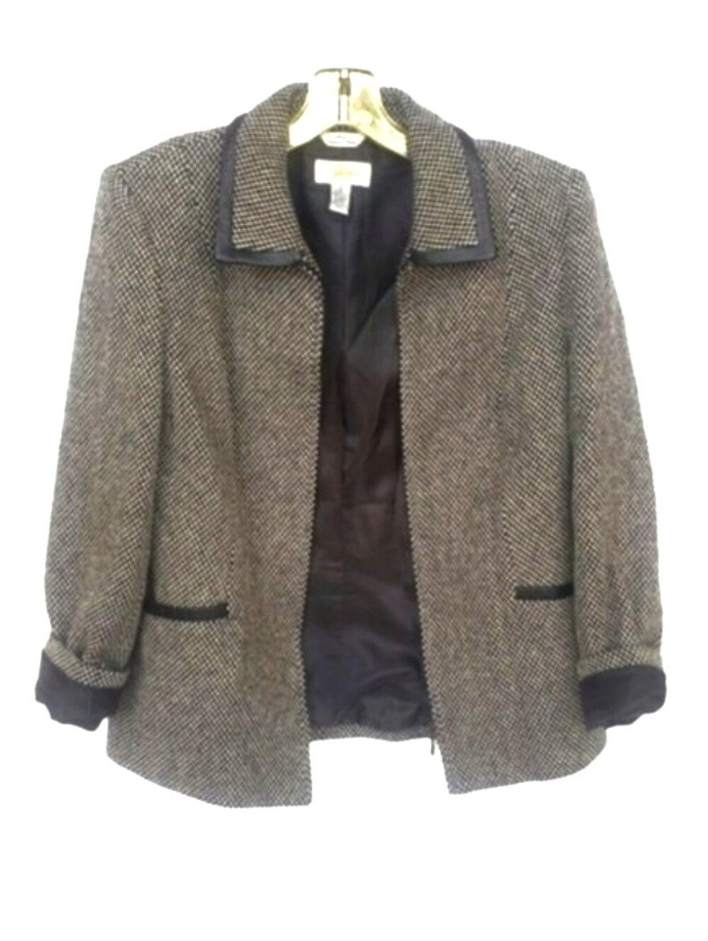 Talbots Wool Tweed Jacket Leather Trim Italian Fabric Pockets